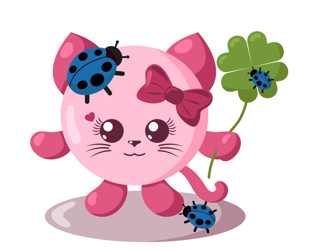Funny cute smiling cat with round body and ladybugs holding four-leaf good luck clover in flat design with shadows. Isolated animal vector illustration - Vector, Image