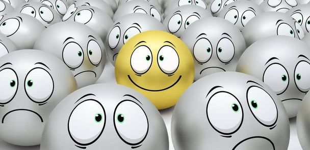 Boldog és szomorú mosolygós arcok a tömegben 3d render 3D illusztráció - Fotó, kép