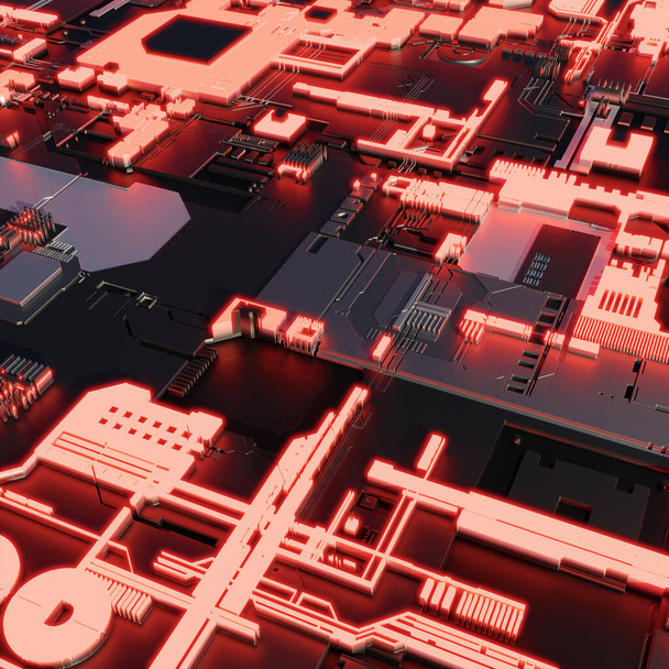 3D zářící oranžová technická kvantová deska počítačových obvodů s inegrated čipy, 3D ilustrace - Fotografie, Obrázek