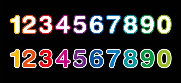Números de color arco iris de uno a cero, sobre un fondo negro. Dos filas de diez números coloridos, en negrita, redondeados y con una delgada línea en el borde. Ilustración aislada. Vector. - Vector, imagen