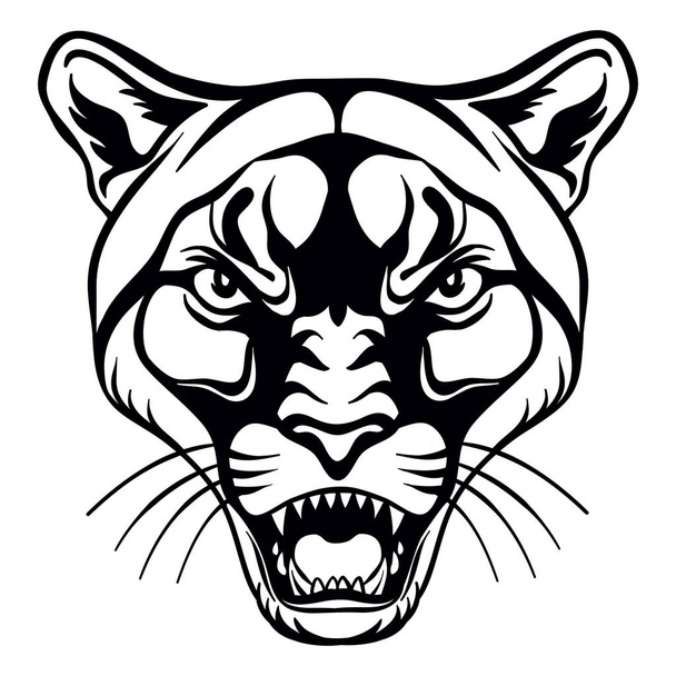 Mascot. Vector head of cougar. Black illustration of danger wild cat isolated on white background. For decoration, print, design, logo, sport clubs, tattoo, t-shirt design, stickers. - Vector, Image