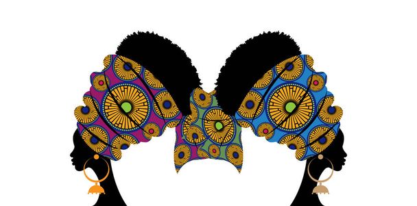 портрет красивой афро-женщины. Шенболен свадебный цветок головной убор Женщины Африканская традиционная Анкара Turban. Голова кента обертывает ткань африканского племени батик. Векторный фон Африки батик изолирован - Вектор,изображение