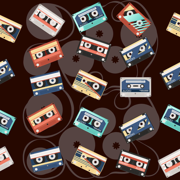 Padrão sem costura de cassetes de áudio retro com diferentes padrões coloridos ilustração vetorial no fundo escuro - Vetor, Imagem