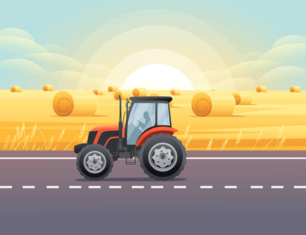 Road to city tractor is driving on the road through rural meadow with wheat field a sunny day with clear sky vector illustration - Vector, Image