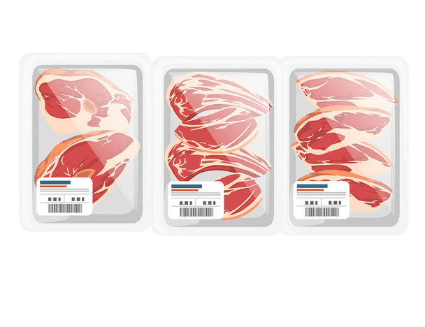 白い背景に食料品市場のベクトル図のためのプラスチックパッケージのスライス肉ステーキ - ベクター画像