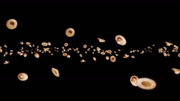 Flying many straw hats on black background. Handmade hats. Summer concept. 3D loop animation of handcrafted straw hats rotating. - Footage, Video
