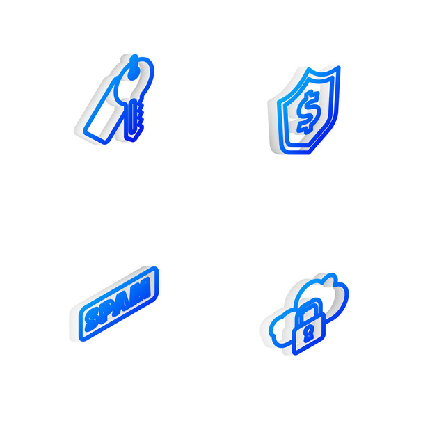 Set Isometric line Shield with dollar, Marked key, Spam and Cloud computing lock icon. Vector - Vector, Image