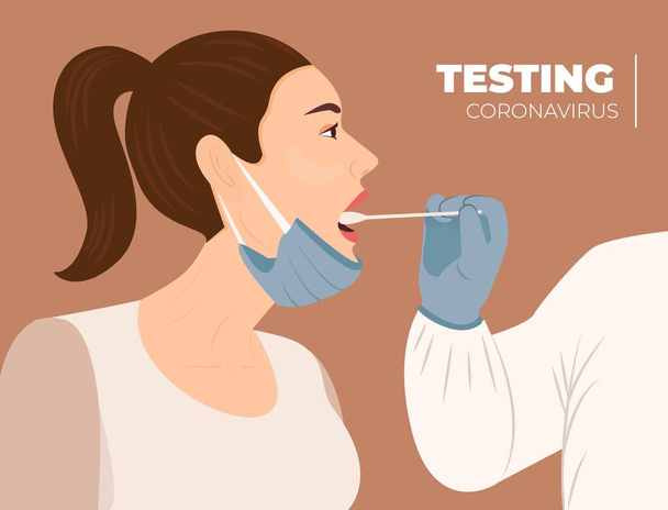 医療従事者は喉のむくみによって女性にコロナウイルスを検査します。コロナウイルス検査を受けている患者。Covid-19検査のために医師スタッフが口で女性を検査します。ベクトルイラスト。患者はウイルス感染を検査され - ベクター画像