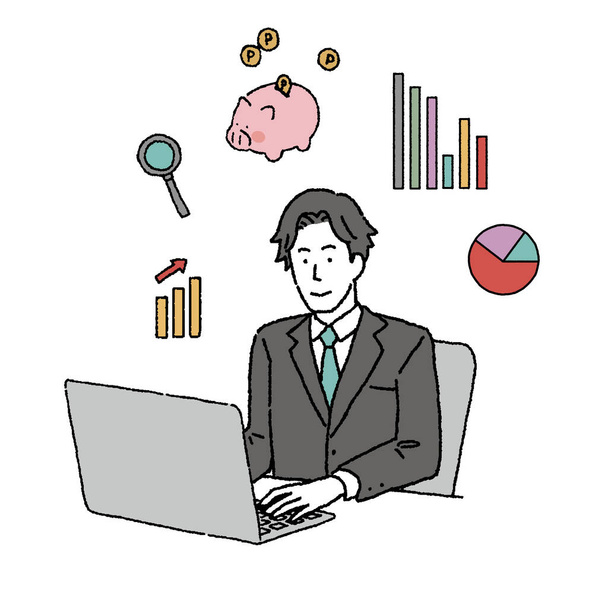 illustration d'une personne travaillant sur un ordinateur portable avec des graphiques et des icônes - Vecteur, image
