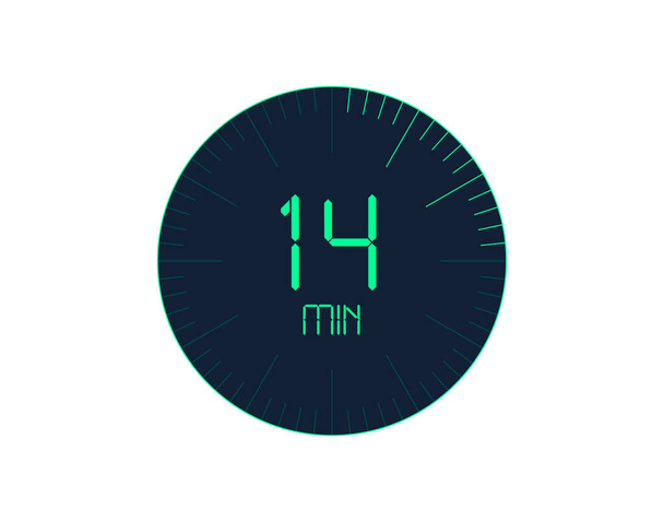 14 min Timer ícone, 14 minutos temporizador digital. Relógio e relógio, cronômetro, contagem regressiva - Vetor, Imagem
