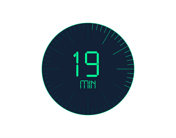 Εικονίδιο χρονοδιακόπτη 19 λεπτών, ψηφιακό χρονόμετρο 19 λεπτών. Ρολόι και ρολόι, χρονόμετρο, αντίστροφη μέτρηση - Διάνυσμα, εικόνα