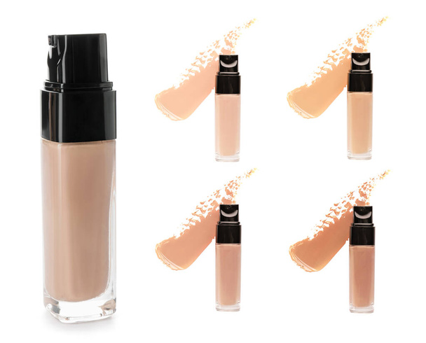 Collage of makeup foundations on white background - Photo, Image