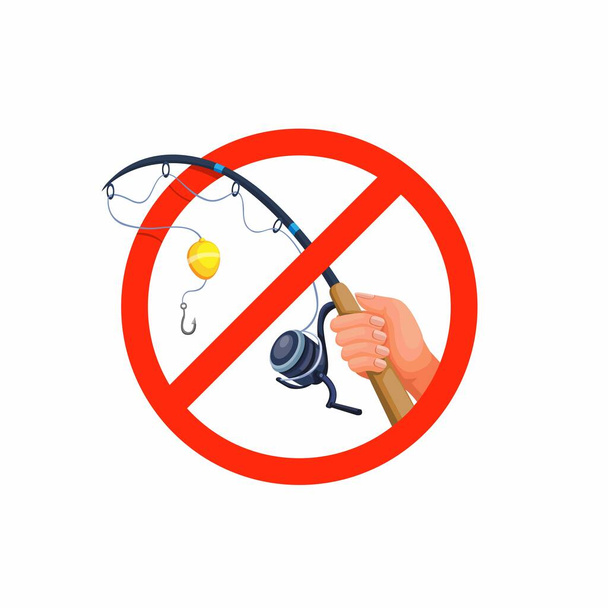 Keine Fischerei. Hand halten Angelrute, Prohibition Symbol Konzept in Cartoon Illustration Vektor isoliert in weißem Hintergrund  - Vektor, Bild