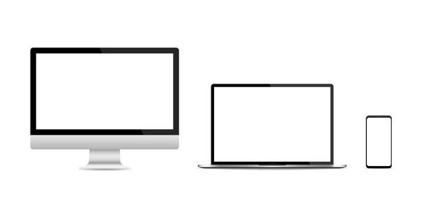 Conjunto realista de monitor de PC, portátil y smartphone aislado sobre fondo blanco Ilustración vectorial EPS 10 - Vector, imagen