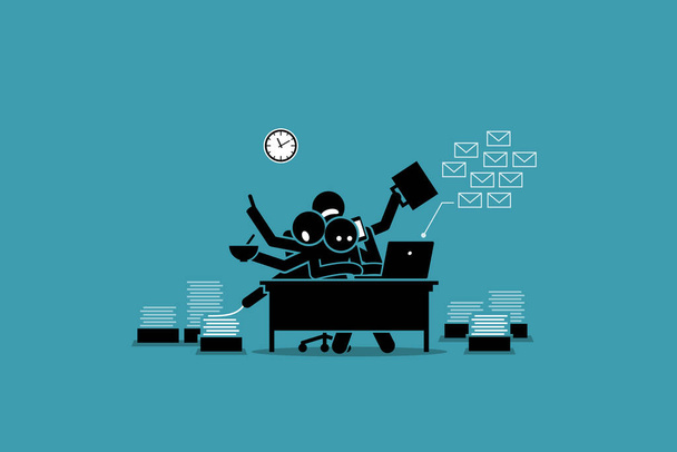 オフィスで働く忙しい男は仕事に圧倒される。ビジネスマンのベクトル図の概念は疲れ、疲れ、あまりにも多くの仕事、過労、残業.  - ベクター画像