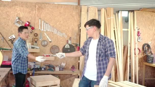 Holzmechaniker beim Möbelbau in einer Möbelfabrik. - Filmmaterial, Video