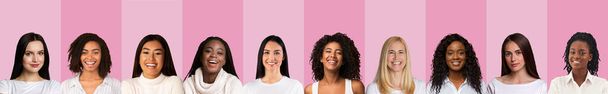 Row Of Mixed Females Portraits In Collage, Pink Background - Photo, Image