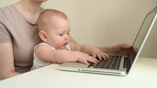 Close-up portret kleine baby jongen grappige gezichtsuitdrukking zittend op moeders schoot studeren laptop. Jonge moeder werkt thuis met een computer. Binnenlandse Zaken, ouderschap. Afstandswerk, afstandsonderwijs. . - Video
