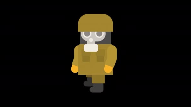 Sergeant in gas mask starts walking and stops. Alpha channel. Looped animation. Character animation - Footage, Video