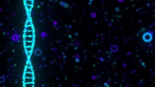Digitale DNA dubbele helix tegen de gekleurde wazige deeltjes, computer gegenereerd. 3d weergave van de achtergrond van chemisch onderzoek - Video