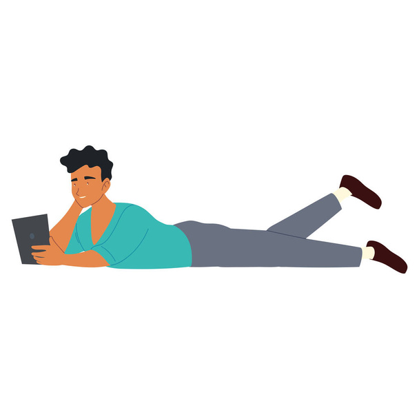 молодий чоловік зі смартфоном лежить на підлозі, прокрастинація ізольованого дизайну
 - Вектор, зображення