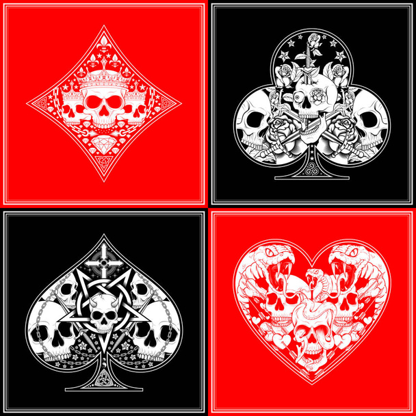 Conception vectorielle de motif poker, avec les symboles de trèfle, as, diamants et coeur, avec des crânes - Vecteur, image