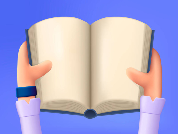 Mani in mano tenendo aperto il libro per la lettura. Cartone animato 3d mani e libro. - Vettoriali, immagini
