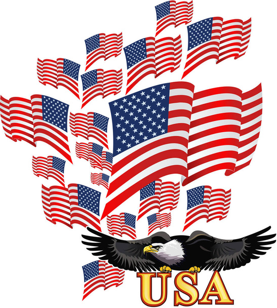 Aquila americana con bandiere USA - Vettoriali, immagini