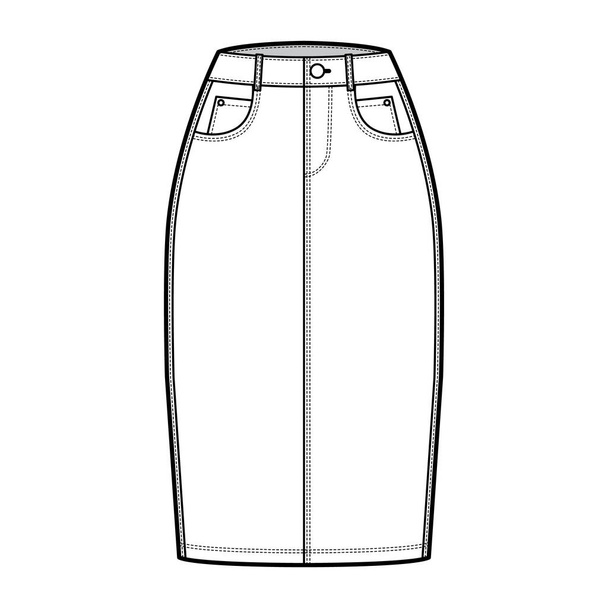 Джинсовая юбка карандаш техническая мода с длиной колена, нормальная талия, высокий рост, изогнутые, монеты углами карманы - Вектор,изображение