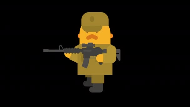 Sergeant with mustache walking and shoots from machine gun. Alpha channel. Looped animation. Character animation - Footage, Video