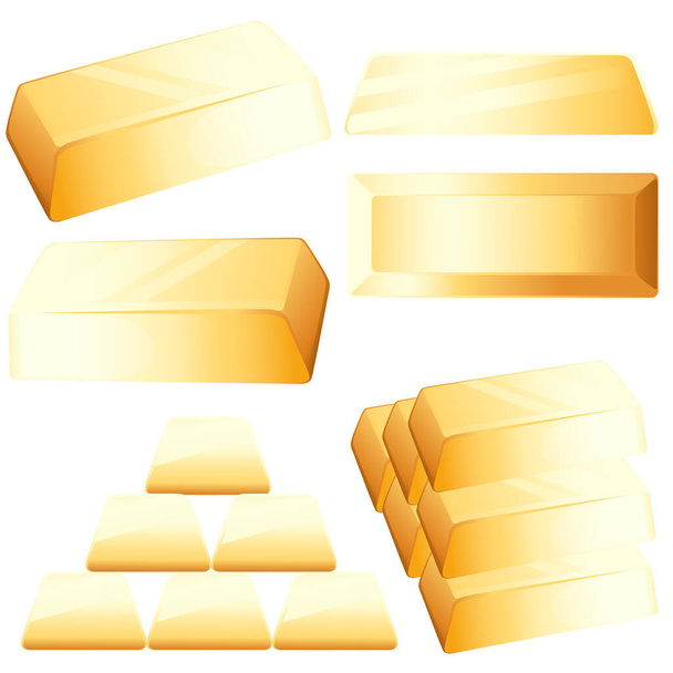 Barra de oro en diferentes posiciones y con pila de ilustración de vectores de barras de oro sobre fondo blanco - Vector, Imagen