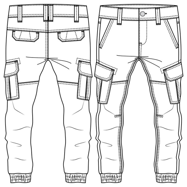 Hombre Boys Cargo Pocket Pant plantilla de sketch plano de moda. Ilustración técnica de moda. CAD tejido. Detalle de corte y coser con solapa de bolsillo trasera - Vector, Imagen
