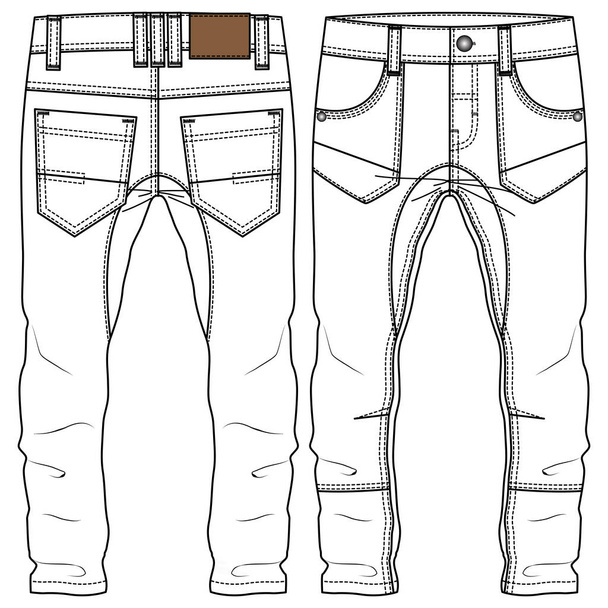 Trendy Boys Straight Legs Pant fashion flat sketch template. Technical Fashion Illustration. Woven CAD.  Gusset detail. Knee darts - Vector, Image
