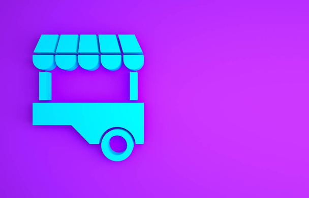 Blue Fast street food kar met luifel pictogram geïsoleerd op paarse achtergrond. Stedelijke kiosk. Minimalisme concept. 3d illustratie 3D renderen. - Foto, afbeelding