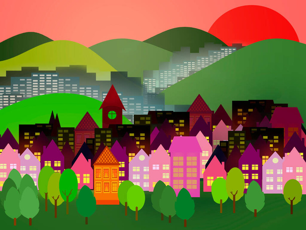 Una favolosa città dipinta con case colorate sullo sfondo di montagne e tramonto. - Foto, immagini