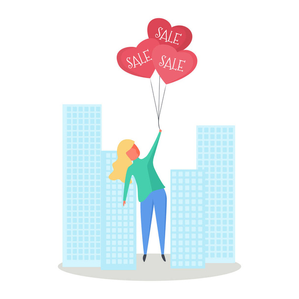 discounts for valentine's day, the girl flies on balls on a background of the city - Vector, Image