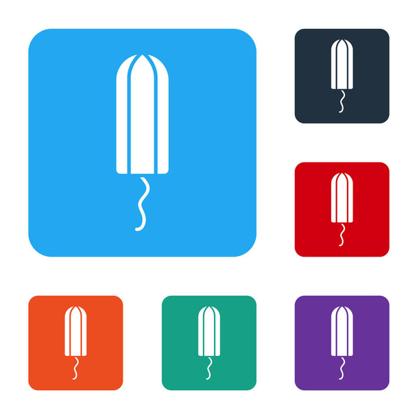 Icono de tampón sanitario y menstruación blanca aislado sobre fondo blanco. Producto de higiene femenina. Establecer iconos en botones cuadrados de color. Vector. - Vector, Imagen