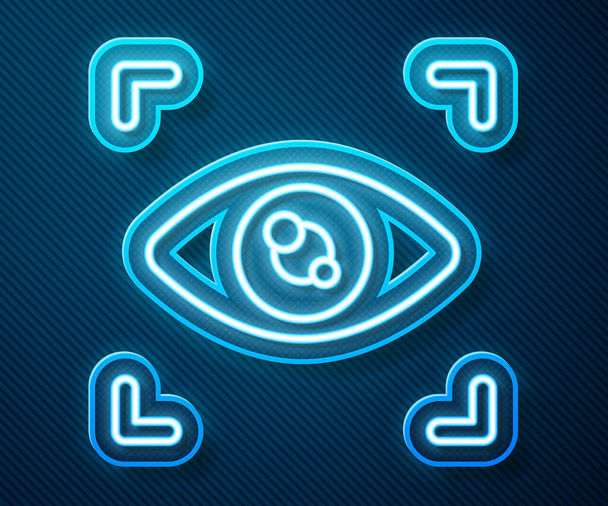 Gloeiende neon lijn Eye scan icoon geïsoleerd op blauwe achtergrond. Ik scan het oog. Veiligheidscontrole symbool. Cyberoogteken. Vector. - Vector, afbeelding