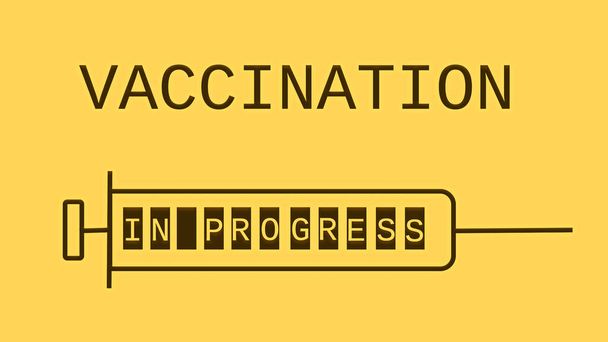 Poster con siringa e lettere nere di vaccinazione in processo giallo. - Foto, immagini