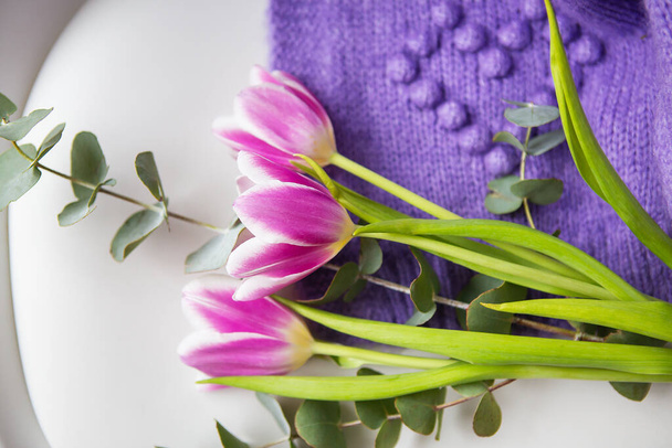Piękny fioletowy tulipan z eukaliptusem na białym krześle i fioletowym swetrem. Wiosenny nastrój, 8 marca - Zdjęcie, obraz