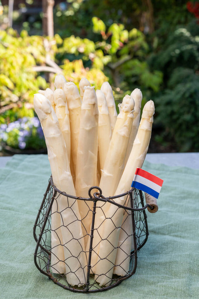Hollandalı çiftçiler yüksek kaliteli ürünler, bahar güneşli bahçesinde Hollanda bayraklı taze beyaz kuşkonmaz - Fotoğraf, Görsel
