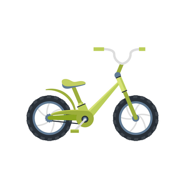 Παιδικό δίτροχο ποδήλατο σε πράσινο χρώμα σε επίπεδο στυλ. - Διάνυσμα, εικόνα