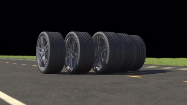 Pneumatici Loop auto rotolamento su asfalto in estate con canale alfa - Filmati, video