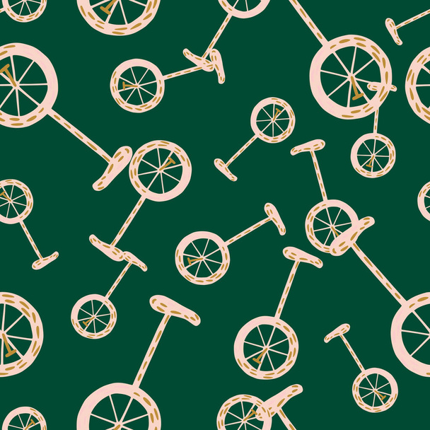 Zufällige nahtlose Muster mit handgezeichneten Fahrrad-Doodle-Ornament. Grüner Hintergrund. Einfaches Design. Vektorillustration für saisonale Textildrucke, Stoffe, Banner, Kulissen und Tapeten. - Vektor, Bild