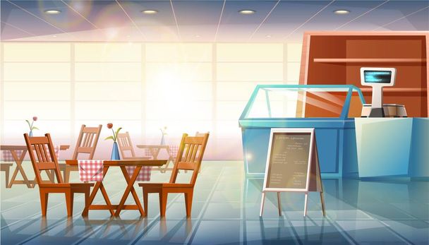 Estilo desenho animado vetorial ilustração plana do interior do restaurante com vitrines, caixa e mesas de jantar com carrinho de menu. - Vetor, Imagem