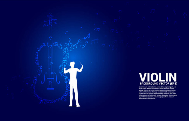 Векторный силуэт руки дирижера с музыкальной мелодией ноты танцевального потока формирует икону скрипки. Концептуальный фон для песни и концертной темы. - Вектор,изображение