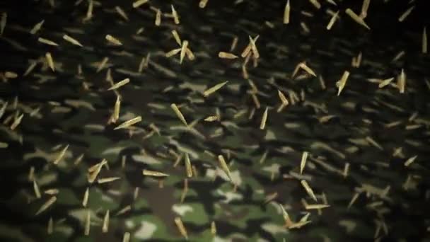 Πετώντας πολλές σφαίρες πυρομαχικών σε πράσινο φόντο καμουφλάζ. Στρατιωτική αντίληψη. Σφαίρες πιστολιού. 3D loop animation της σφαίρας. - Πλάνα, βίντεο