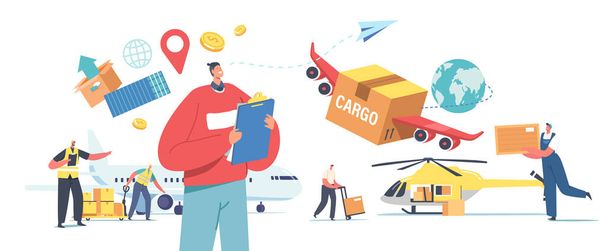 Luftfrachttransport, Flugzeuglogistik, Lieferung von Waren per Flugzeug, Hubschrauber oder Drohne. Schriftzeichen in Schachteln - Vektor, Bild