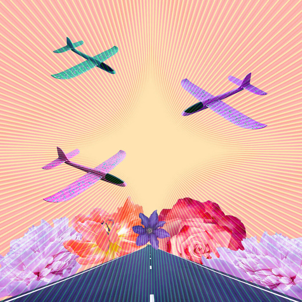 Hedendaagse collage. Vliegtuigen vliegen over de landingsbaan met bloemen op een oranje achtergrond. Vervoer concept, kunst, reizen - Foto, afbeelding