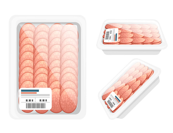 Salame affettato in confezione di plastica per illustrazione vettoriale del mercato alimentare su sfondo bianco - Vettoriali, immagini